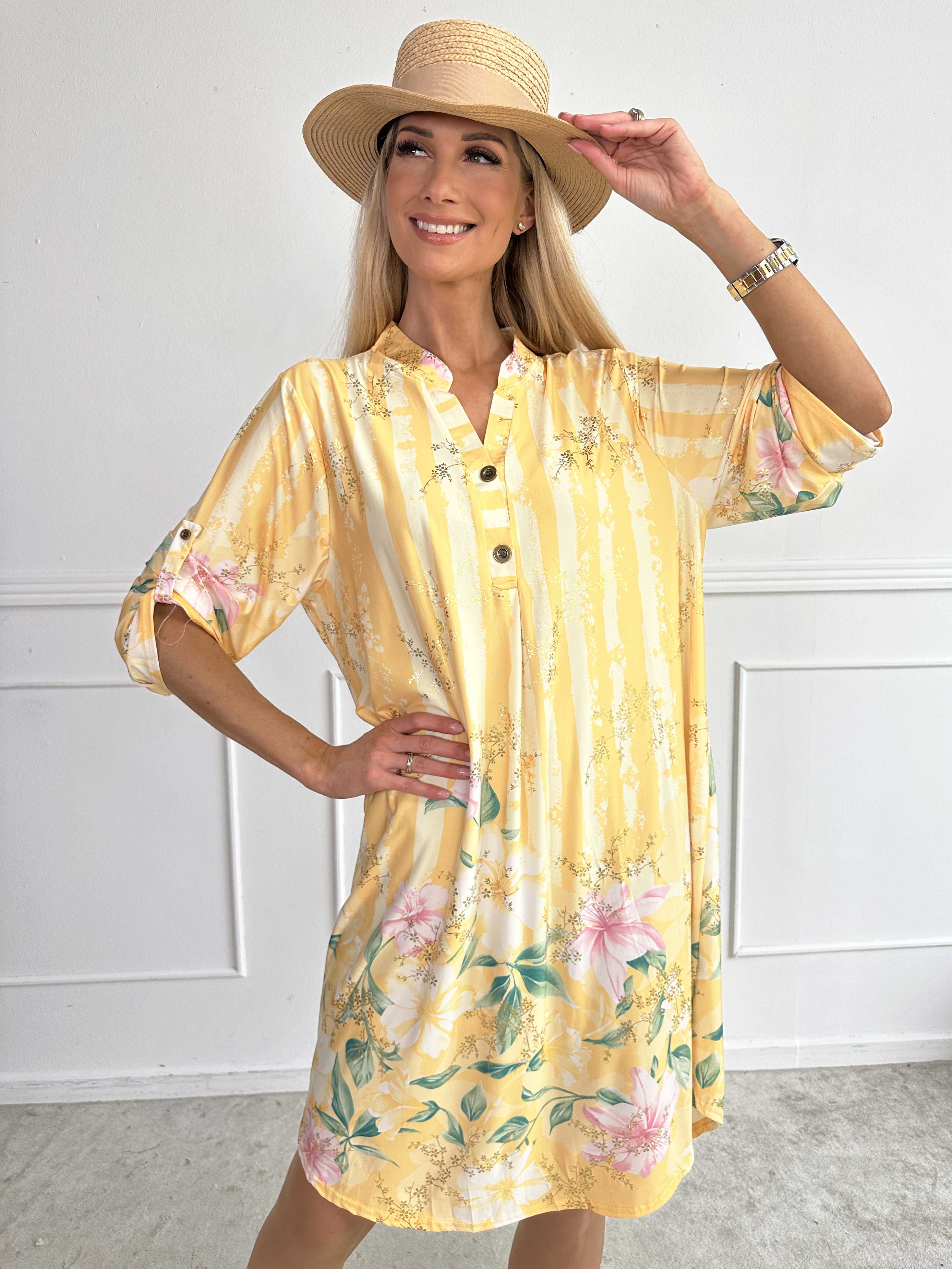 Ebba Floral Stripe Long - Elastisk blomstret kjole med guld detaljer